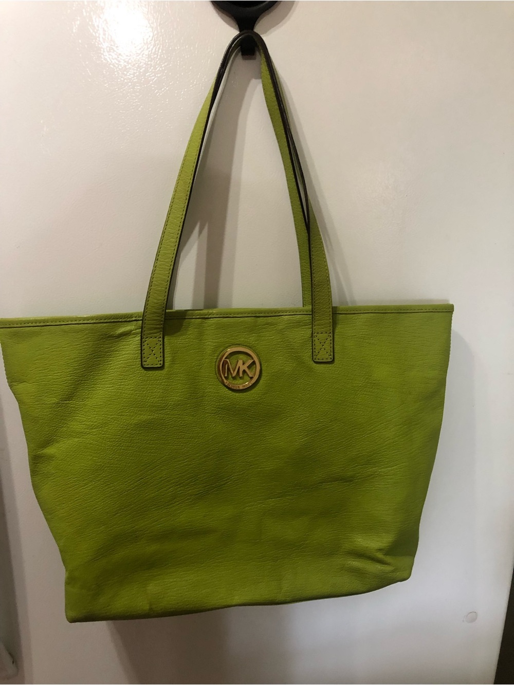 Michael Kors Lime Green Leather Tote with Gold MK Medallion